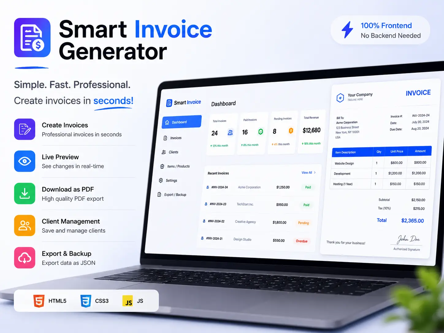 Smart Invoice Generator HTML5 Tool Simple Fast Professional Billing Maker